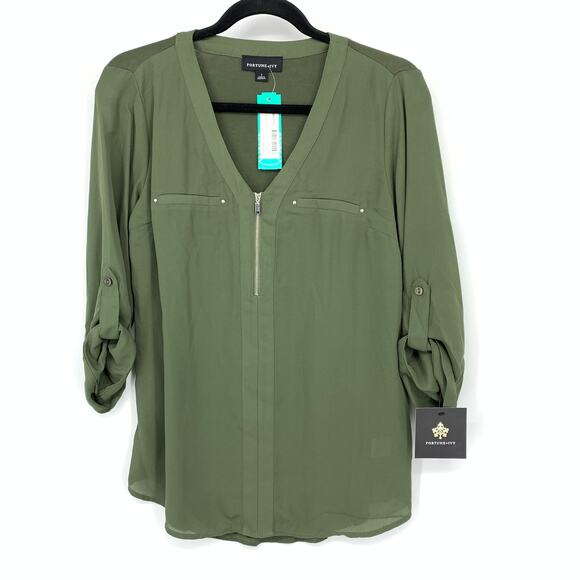 Fortune + Ivy Tops - Fortune + Ivy Stitch Fix Olive Green Zip Front Blouse Womens Small Roll Tab NWT